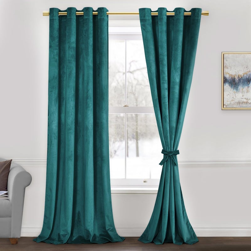 JIUZHEN Velvet Curtains 84 Inch LongSoft Retro Velvet Blackout Thermal Insulated  Noise Reducing Grommet Curtains for Living RoomCloset 52 x 84 Inches 2 Panels with TiebacksTeal