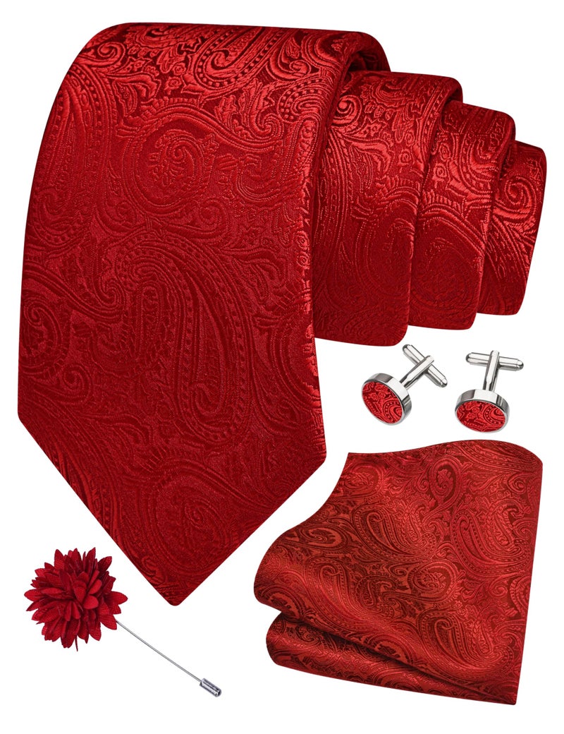 GUSLESON Mens Red Wedding Tie Solid Paisley Necktie Pocket Square Cufflinks and Lapel Pin Brooch Set (IN6103-05) - Image 5