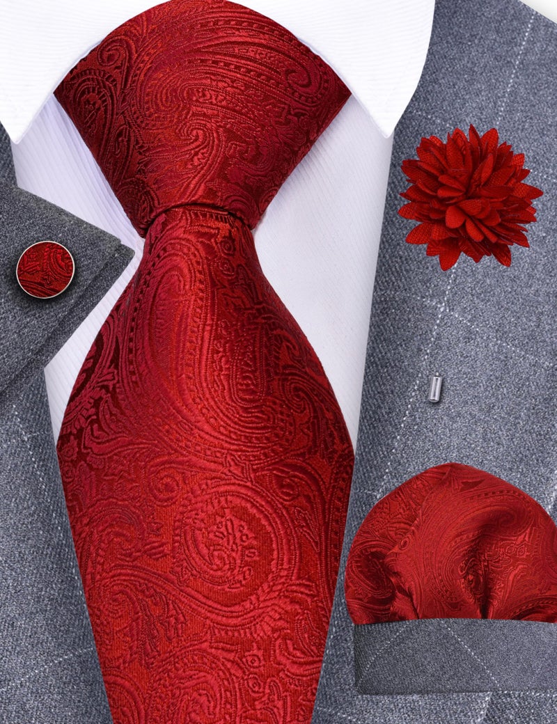 GUSLESON Mens Red Wedding Tie Solid Paisley Necktie Pocket Square Cufflinks and Lapel Pin Brooch Set (IN6103-05) - Image 2