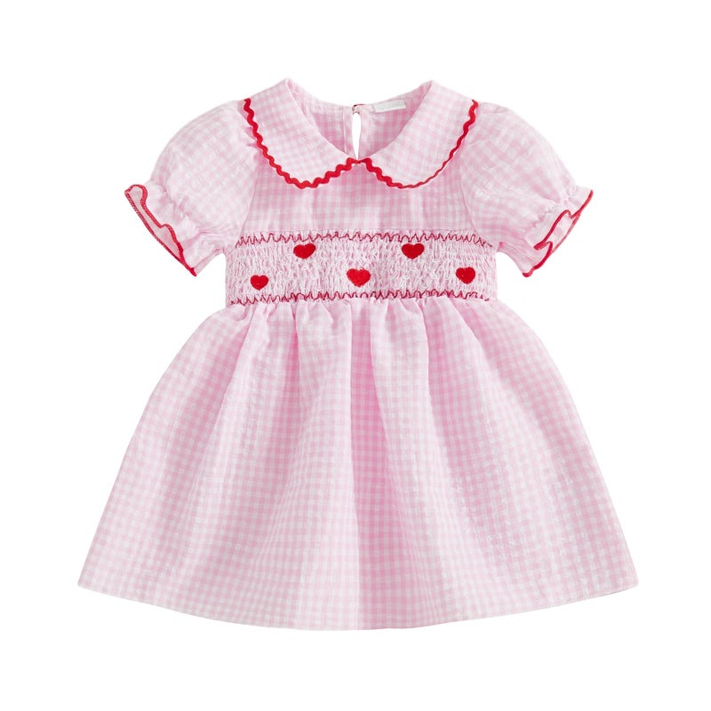 Honganda Toddler Baby Girl Valentine's Day Outfit Puff Sleeve Doll Collar Heart Smocked Dress Summer Plaid Princess Dresses (Pink, 18-24 Months) - Image 1