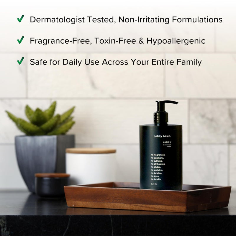 Boldly Basic Fragrance Free Lotion - Moisturizer for Dry and Sensitive Skin - Non Greasy - Unscented - Dermatologist Tested - No Sulfates, Parabens or Gluten - Hypoallergenic & Moisturizing (16 oz) - Image 3