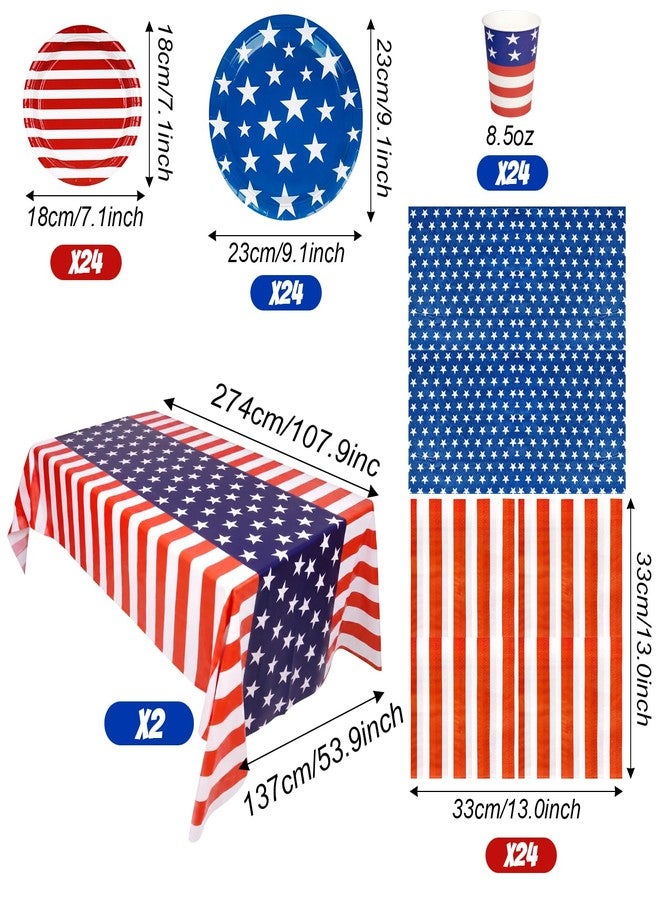 cnomg 4th of July Decorations 24 Sets Party Supplies 102 PCS Patriotic Tableware Including Paper Plates Napkins Cups and 2 Pack Red White and Blue Tablecloth for Independence Day Memorial Day - Image 2