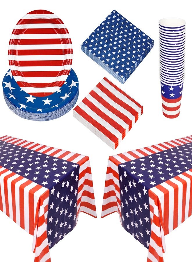 cnomg 4th of July Decorations 24 Sets Party Supplies 102 PCS Patriotic Tableware Including Paper Plates Napkins Cups and 2 Pack Red White and Blue Tablecloth for Independence Day Memorial Day - Image 1