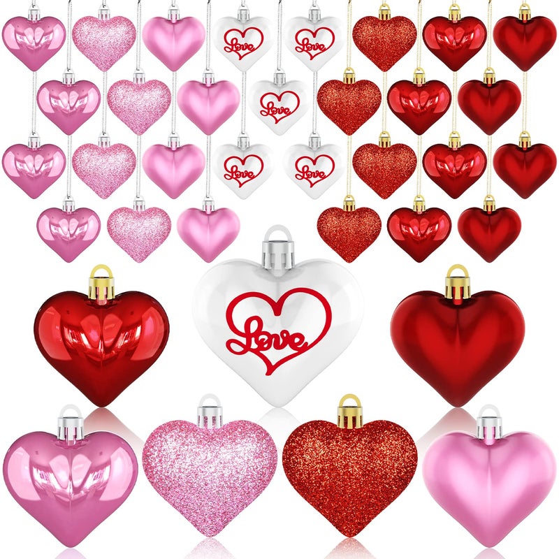 Valentines Day Decor Heart Ornaments 36 Pcs Heart Shaped Baubles Red Pink White Hanging Decorations for Valentines Day Christmas Wedding Anniversary