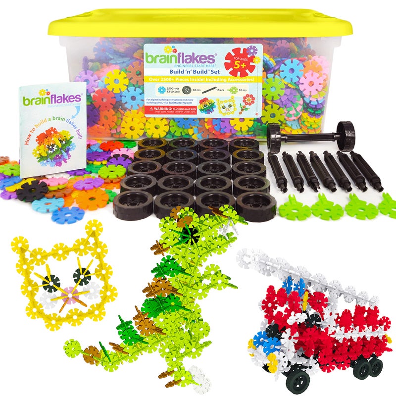 Brain Flakes Brain Flakes 2500 Piece Build 'n' Build Kit - A Creative and Educational Alternative to Building Blocks - Wheel Pieces and Special Parts Included - A Great Stem Toy for Both Boys and Girls  - Image 1