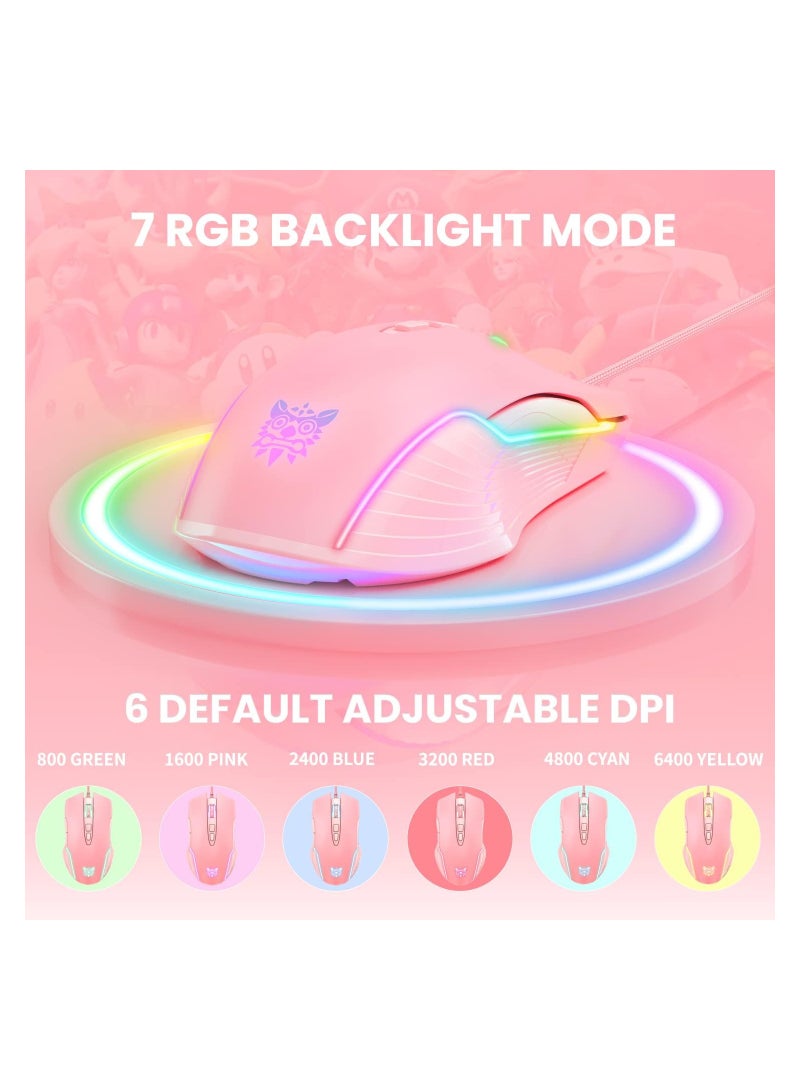 فأرة ألعاب سلكية بدقة 6400 نقطة في البوصة مزودة بمصباح LED متغير الألوان RGB وسبعة أزرار تصميم عصري باللون الوردي مناسبة لأجهزة الكمبيوتر المكتبية والمحمولة - Image 4