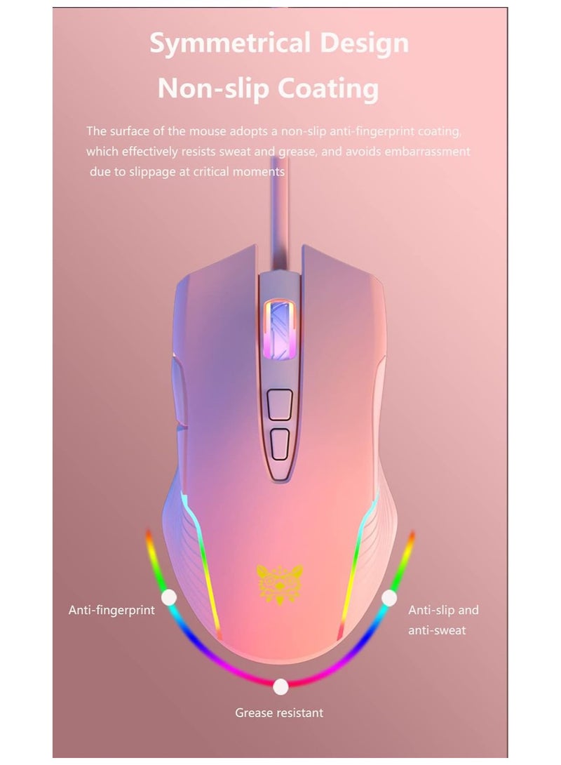 فأرة ألعاب سلكية بدقة 6400 نقطة في البوصة مزودة بمصباح LED متغير الألوان RGB وسبعة أزرار تصميم عصري باللون الوردي مناسبة لأجهزة الكمبيوتر المكتبية والمحمولة - Image 2