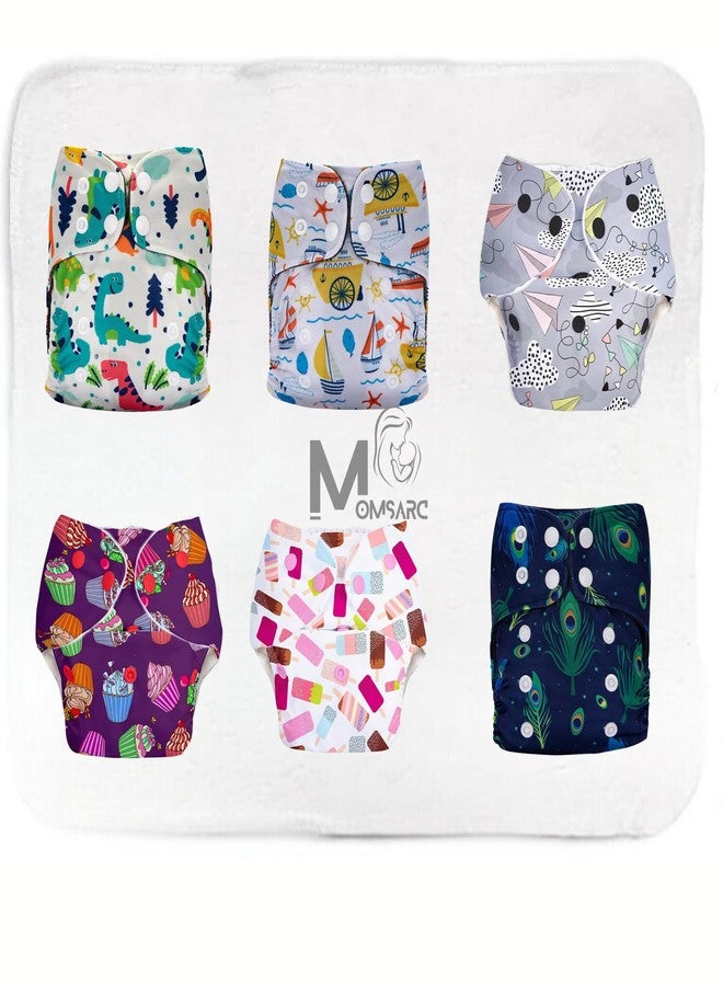 MOMSARC Reusable Cotton Cloth Diapers For Babies + 6 Insert Pads | Adjustable Nappies for new born babies | Leak Proof Washable Langot for 0-3 Years | (Pack of 6) - Image 1