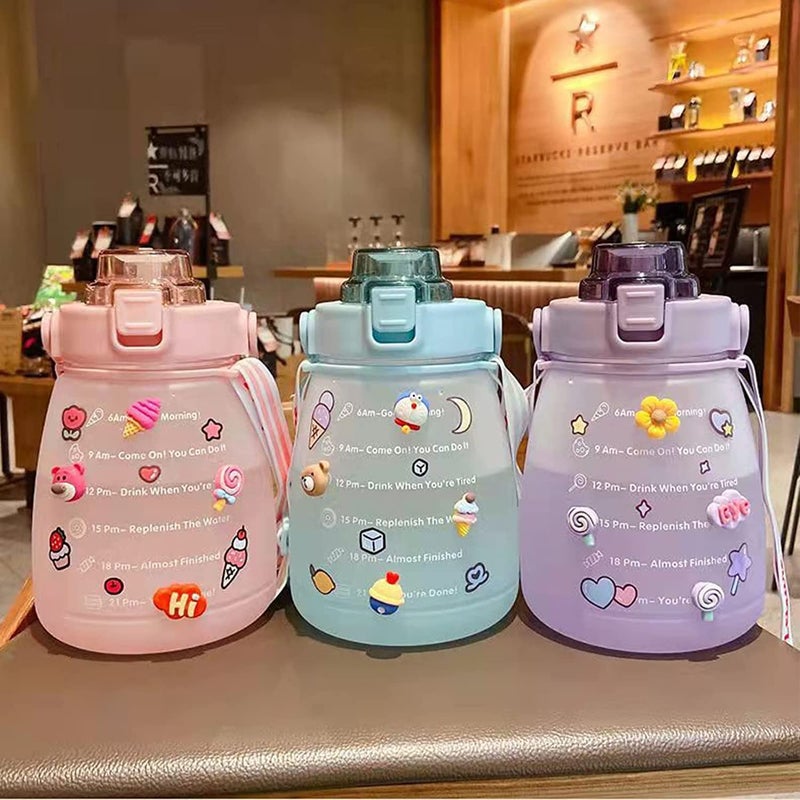Krupasadhya 1500ML Water Jug Sports Fitness Gym Motivational Water Bottle Jug Kawaii Water Bottle with Straw and Shoulder Strap for School Cute Belly Bottle for Camping Travel Water JUG 1500ML - Image 4