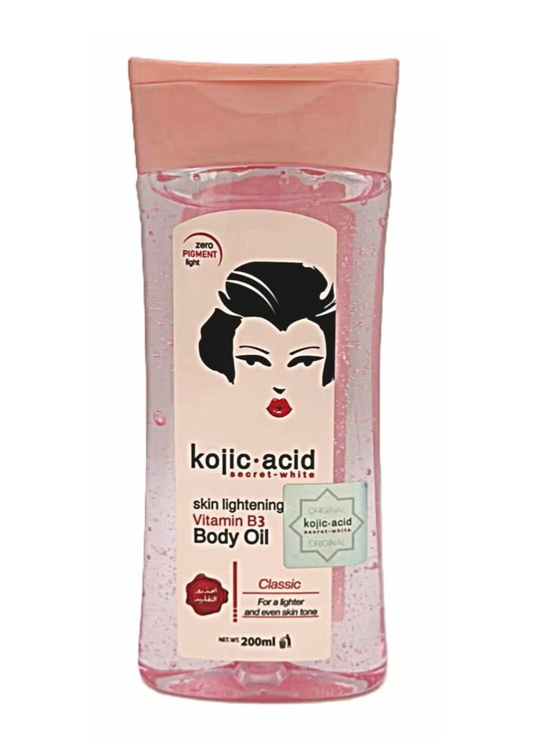 Secret White Kojic Acid Vitamin B3 Body Oil 200ml | Classic Formula for Even-Looking Skin Tone | Lightweight, Fast-Absorbing | Made in Philippines | Improves Dark Areas & Glow