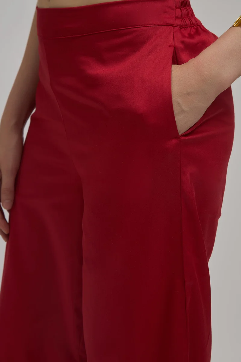 Virgio Red Solid Cotton Stretch High Rise Wide Pants for Women for Women | Best Price UAE