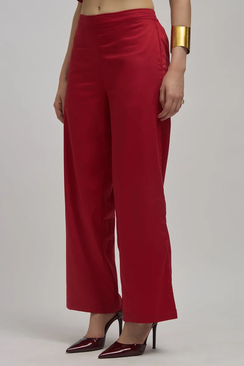 Virgio Red Solid Cotton Stretch High Rise Wide Pants for Women for Women | Best Price UAE