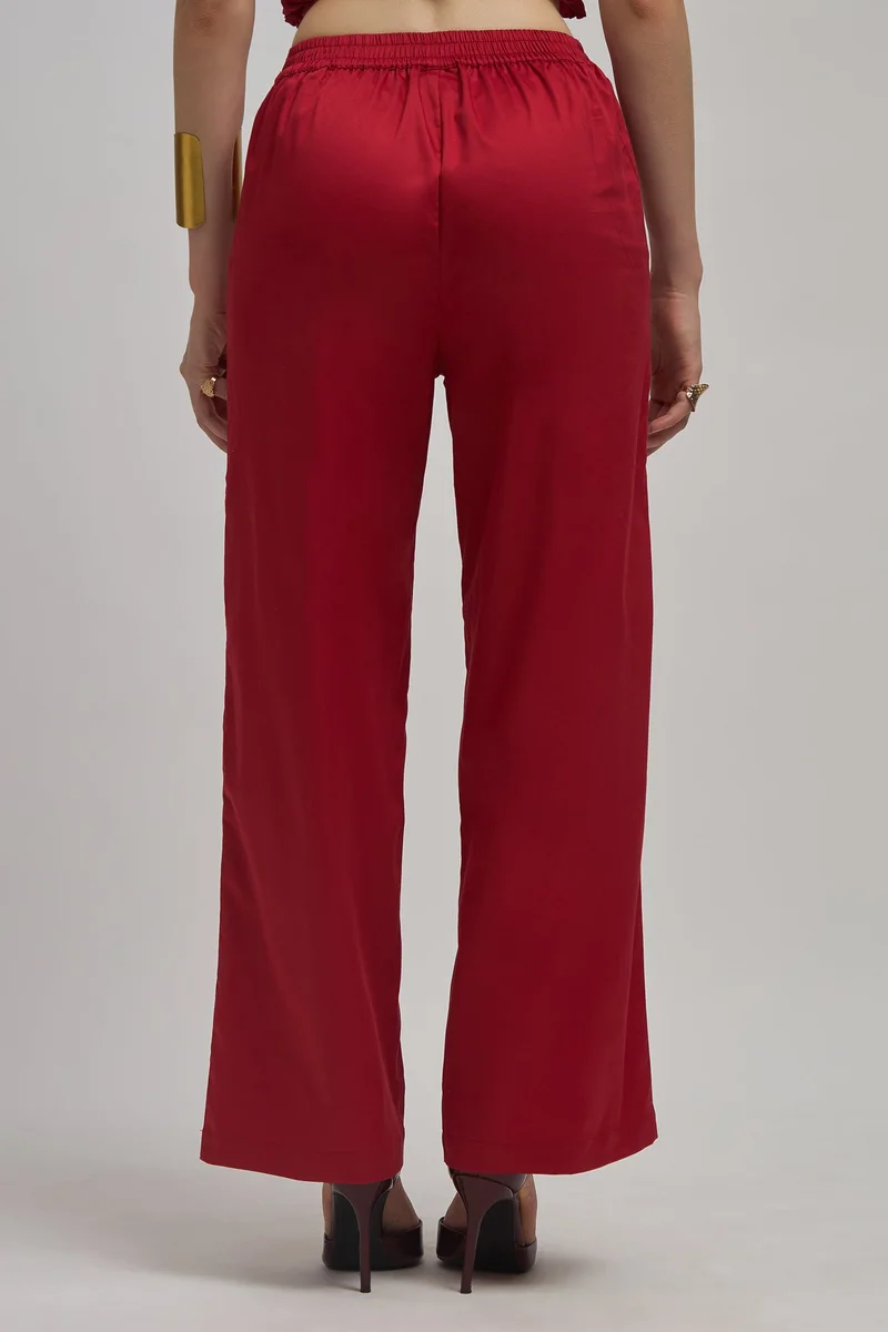 Virgio Red Solid Cotton Stretch High Rise Wide Pants for Women for Women | Best Price UAE