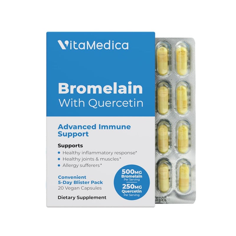 VitaMedica Bromelain & Quercetin Supplement - 500mg Bromelain 250mg Quercetin - 2400 GDU for Immunity, Joint Support, Inflammation and Muscle Recovery - 20 Vegan Capsules - 5 Day Supply - Image 1