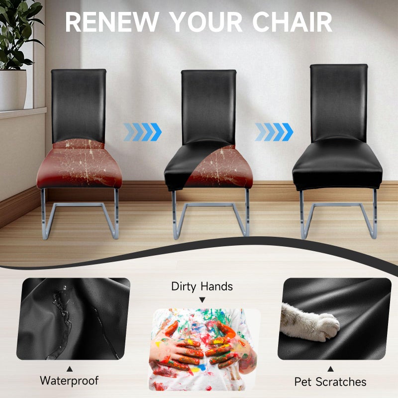 WENZMOC PU Leather Dining Chair Covers Removable 100% Waterproof Chair Covers for Dining Chairs Set of 4, Stretchy & Soft High Back Kitchen Chairs Cover Protectors (Black) - Image 5