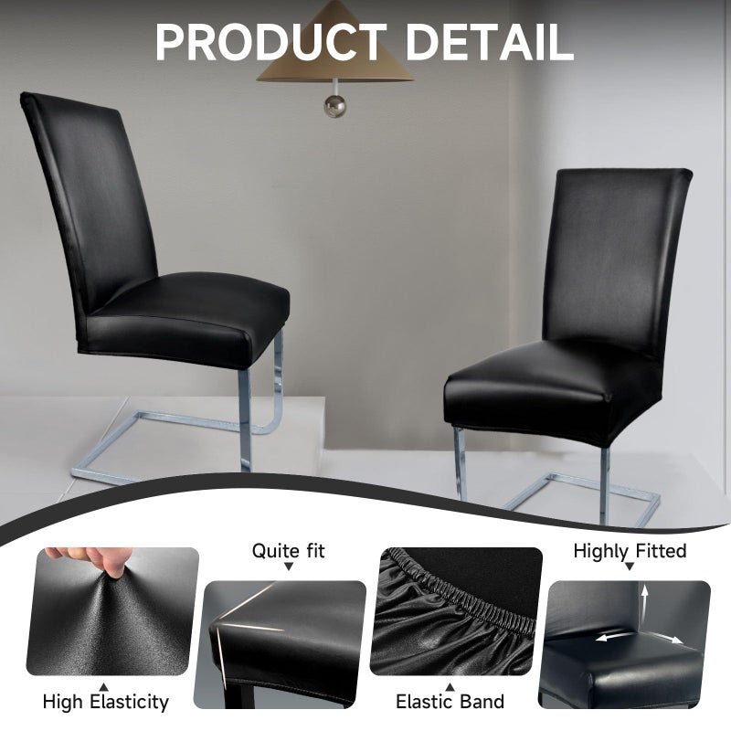 WENZMOC PU Leather Dining Chair Covers Removable 100% Waterproof Chair Covers for Dining Chairs Set of 4, Stretchy & Soft High Back Kitchen Chairs Cover Protectors (Black) - Image 2