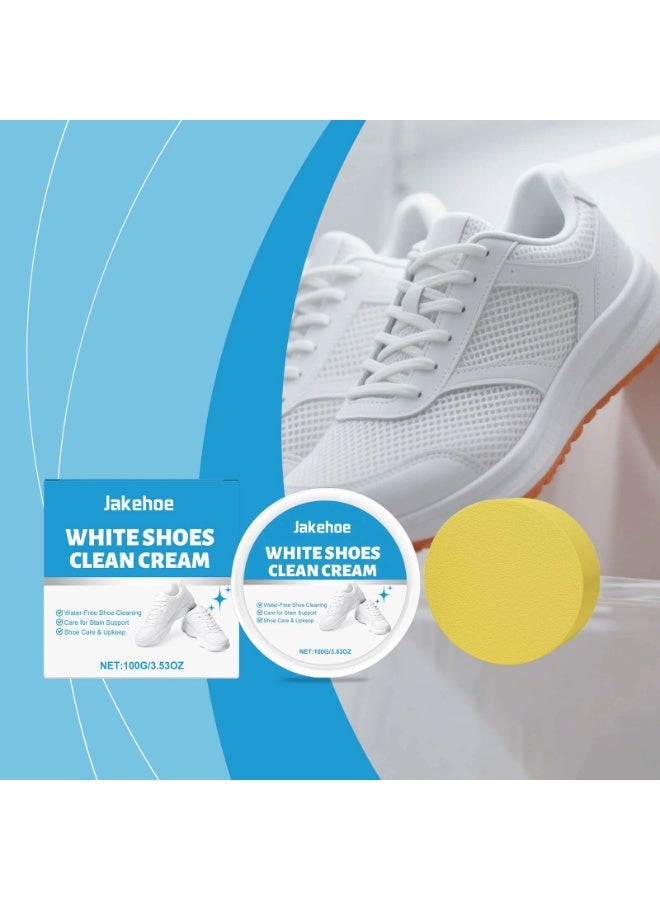 Jakehoe White Shoes Cleaning Cream, Water-Free Sneaker Cleaner with Sponge, Stain Remover & Yellowing Restorer for White & Light-Colored Shoes, 100g - Image 2