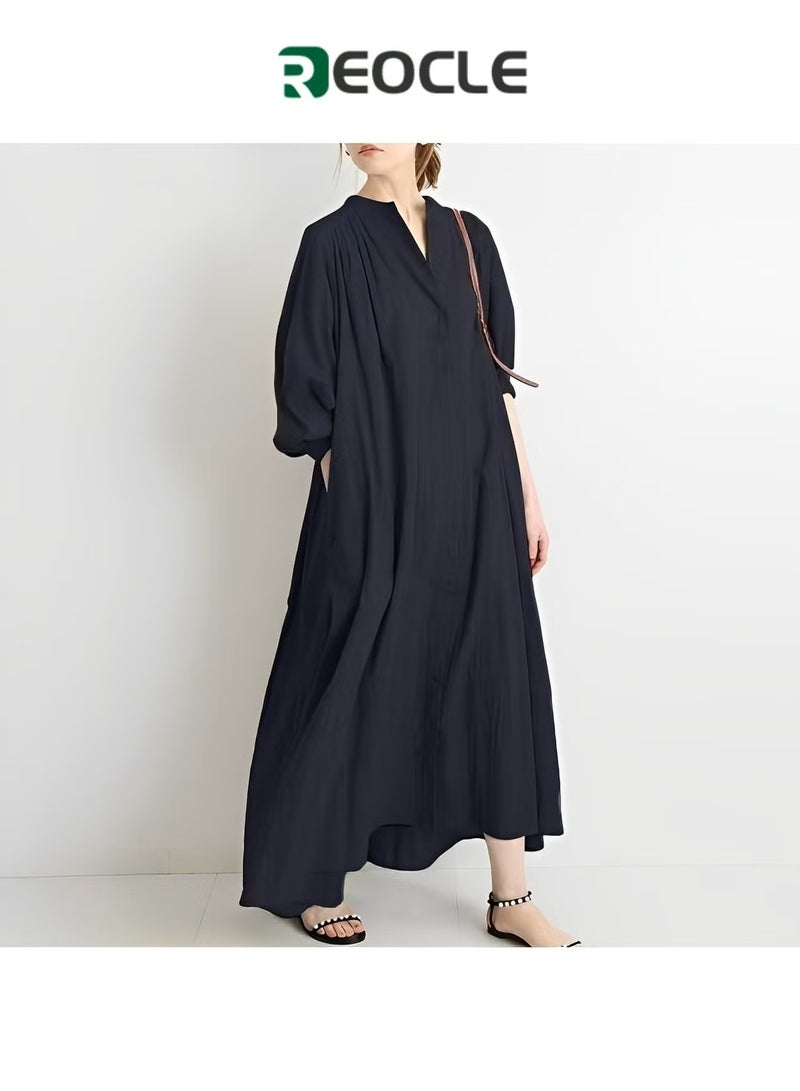 REOCLE Women's Maxi Dress Cotton and Linen Button Down Shirt Dress Casual Loose Long Dress Summer Beach Dress - Image 1