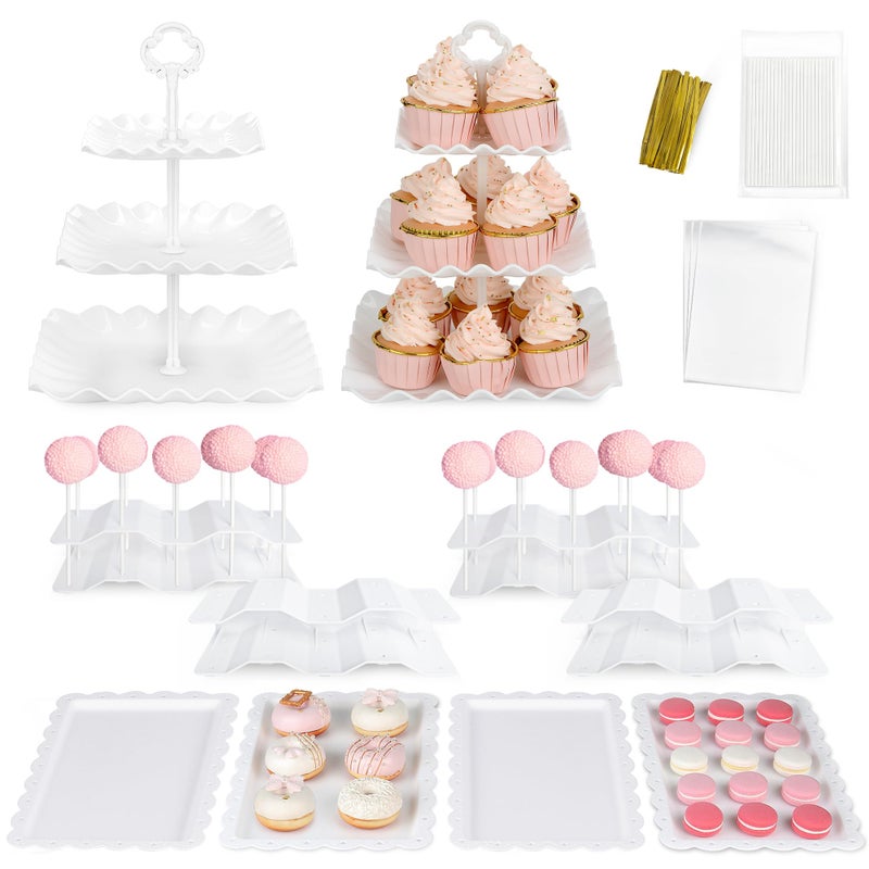 NWK Dessert Stand Set with 2x Large 3-Tier Cupcake Stands, 4 x Appetizer Trays, 4 x Cake Pop Stands, 100 Set Cake Pop Packing, 1 Table Cloth, for Birthday Baby Shower Party Decorations - Image 1