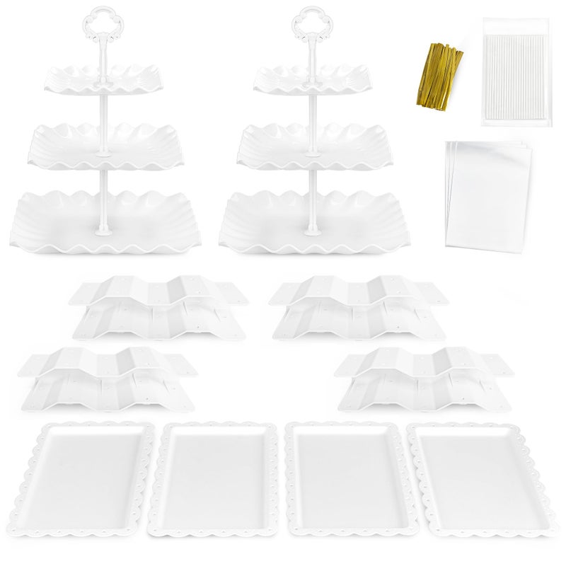 NWK Dessert Stand Set with 2x Large 3-Tier Cupcake Stands, 4 x Appetizer Trays, 4 x Cake Pop Stands, 100 Set Cake Pop Packing, 1 Table Cloth, for Birthday Baby Shower Party Decorations - Image 2