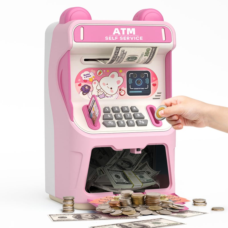 summidate Rabbit ATM Piggy Bank for Girls with Automatic Bill Roller, Electronic Coin Bank with Simulated Card Slot & Facial Recognition, ATM Money Saving Box with Music Function for Kids(Pink) - Image 1