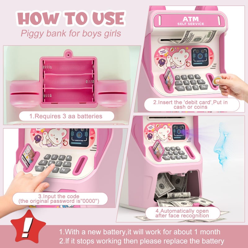 summidate Rabbit ATM Piggy Bank for Girls with Automatic Bill Roller, Electronic Coin Bank with Simulated Card Slot & Facial Recognition, ATM Money Saving Box with Music Function for Kids(Pink) - Image 5