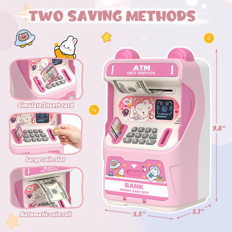 summidate Rabbit ATM Piggy Bank for Girls with Automatic Bill Roller, Electronic Coin Bank with Simulated Card Slot & Facial Recognition, ATM Money Saving Box with Music Function for Kids(Pink) - Image 2