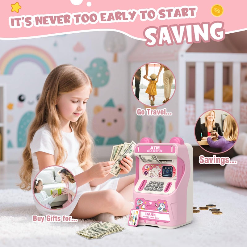 summidate Rabbit ATM Piggy Bank for Girls with Automatic Bill Roller, Electronic Coin Bank with Simulated Card Slot & Facial Recognition, ATM Money Saving Box with Music Function for Kids(Pink) - Image 3