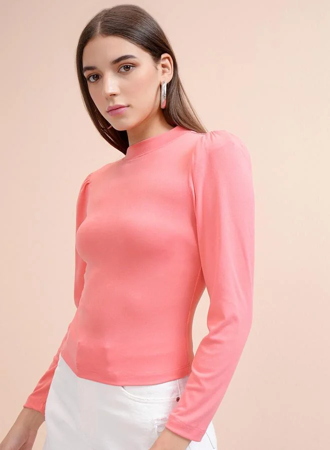 Tokyo Talkies Tokyo Talkies Solid Puff Sleeve Cotton Fitted Top