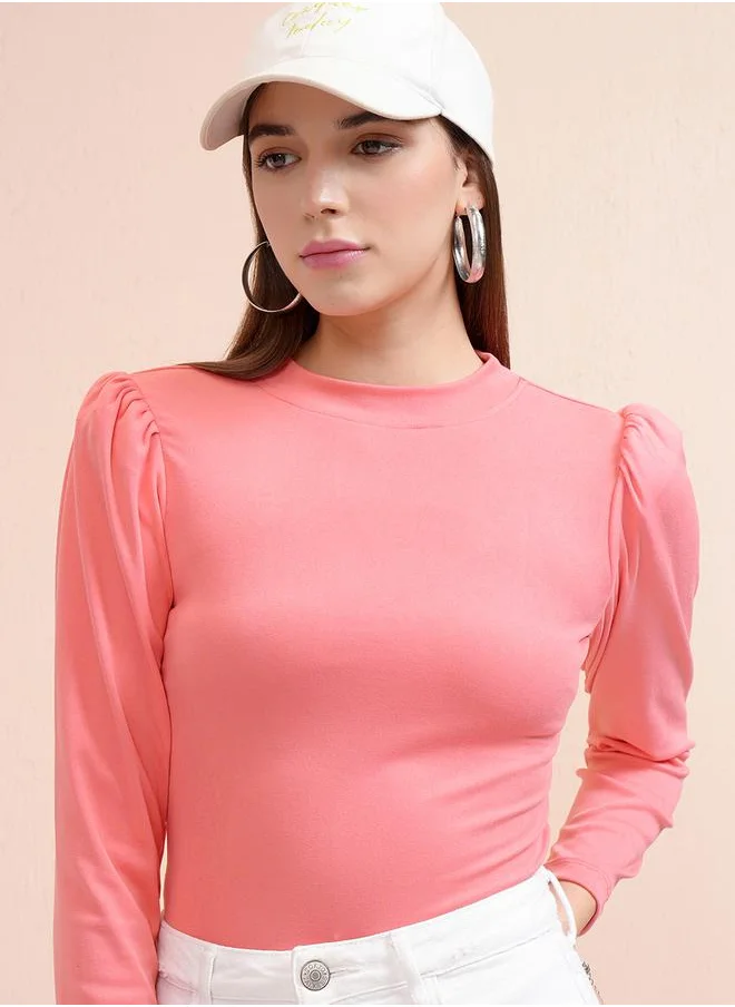 طوكيو توكيز Solid Puff Sleeve Cotton Fitted Top