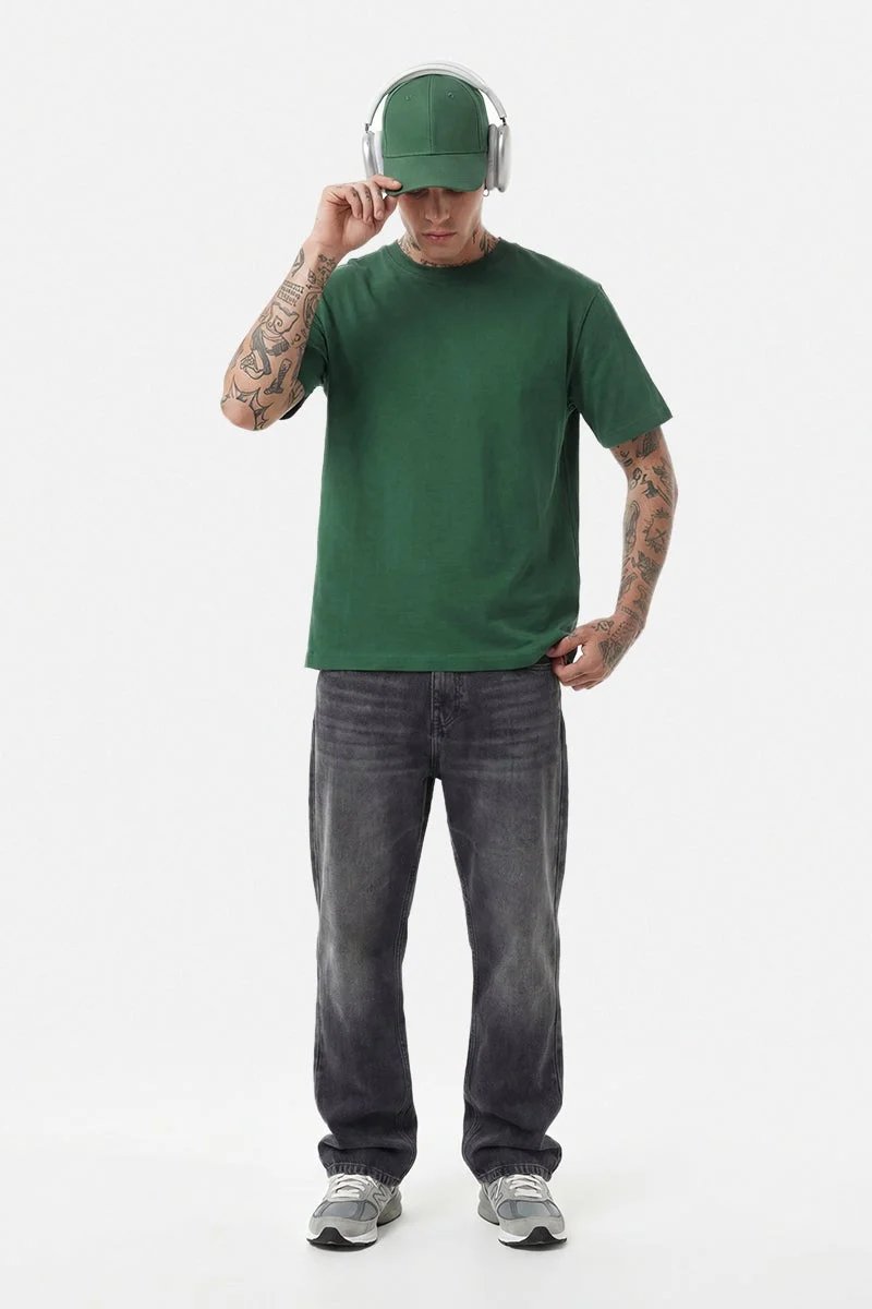 سنيتش Dark Green Solid Half Sleeve Slim Fit Casual T-Shirt