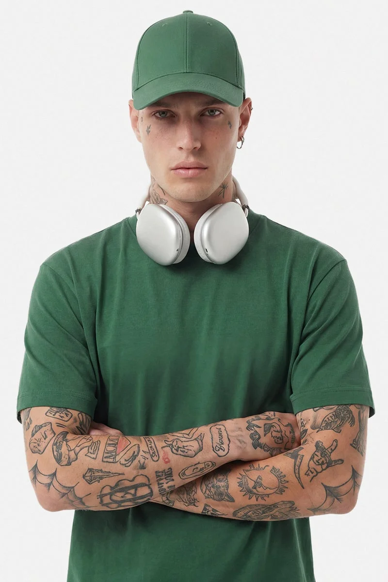 سنيتش Dark Green Solid Half Sleeve Slim Fit Casual T-Shirt