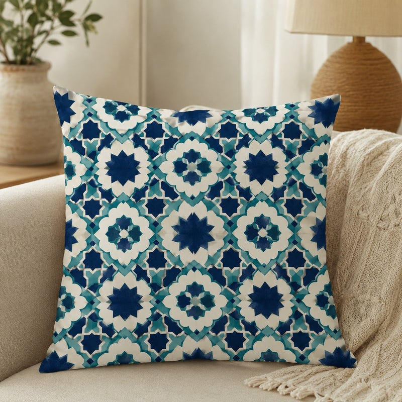 Set of 4 Moroccan Geometric Throw Pillow Covers Blue White Decorative Cushion Cases for Living Room Bedroom Sofa - Image 2