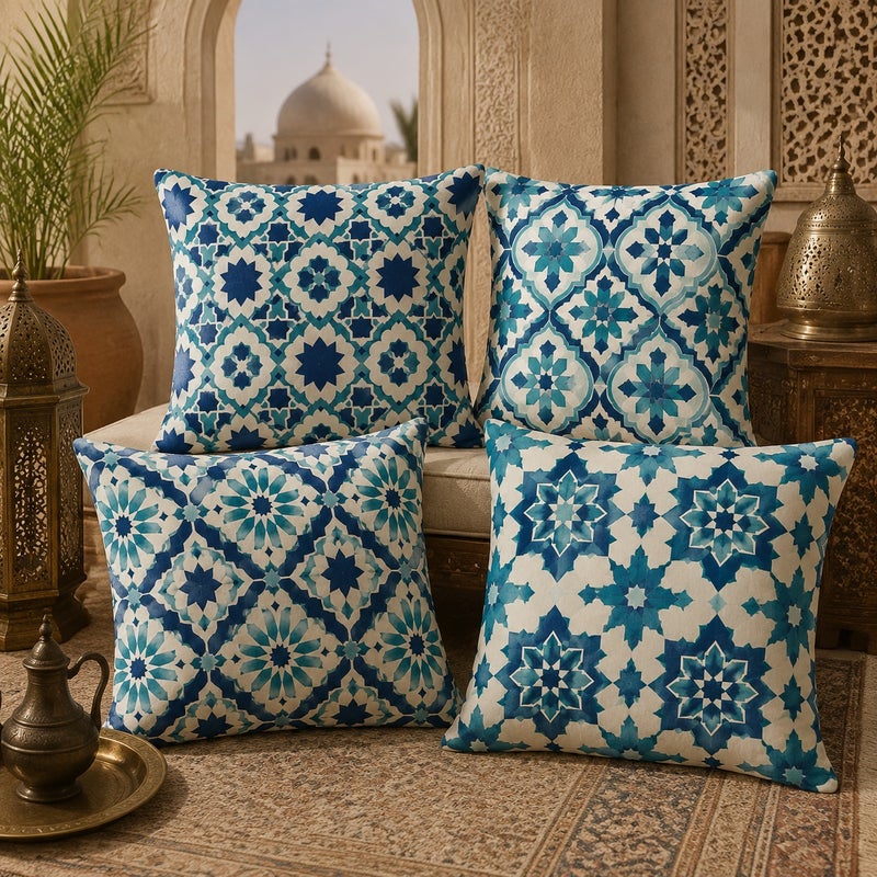 Set of 4 Moroccan Geometric Throw Pillow Covers Blue White Decorative Cushion Cases for Living Room Bedroom Sofa - Image 1