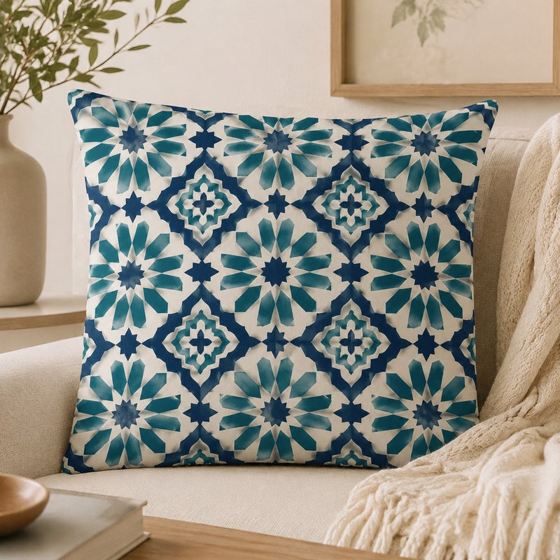 Set of 4 Moroccan Geometric Throw Pillow Covers Blue White Decorative Cushion Cases for Living Room Bedroom Sofa - Image 3