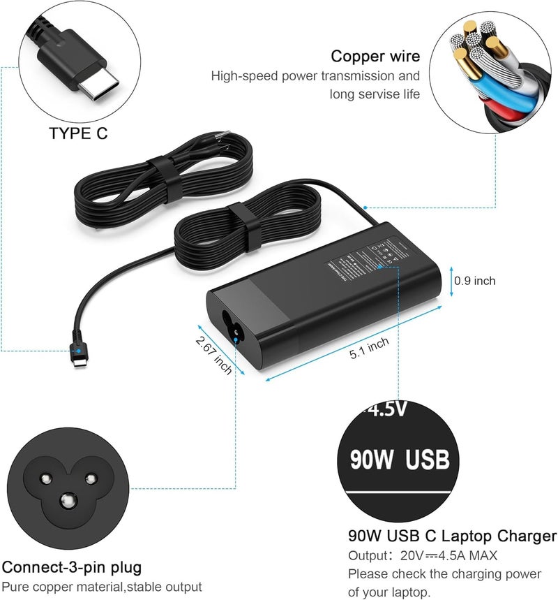 Wistar 90W USB C Laptop Charger Replacement for HP Spectre x360 904144-850 904082-003 ADP-90FE L45440-003 2LN85AA#ABA 2LN85AA 90w USB-c Power Adapter Type C AC Adapter - Image 4