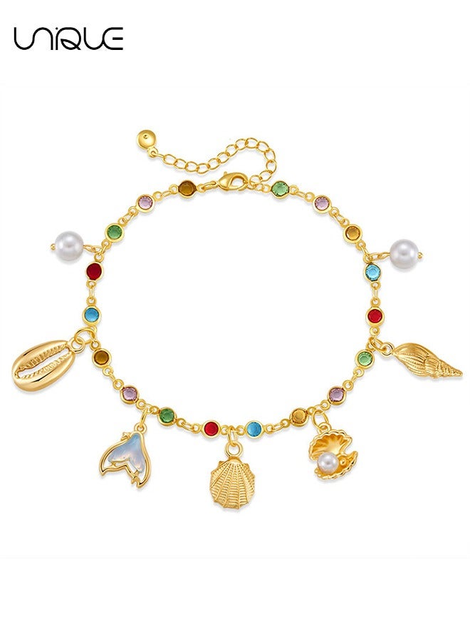 يونيك خلخال - خلخال صدفة من حجر الراين - خلخال على الطراز البحري - خلخال ذهبي - بسيط وأنيق - خلخال جديد - نسائي - Image 1