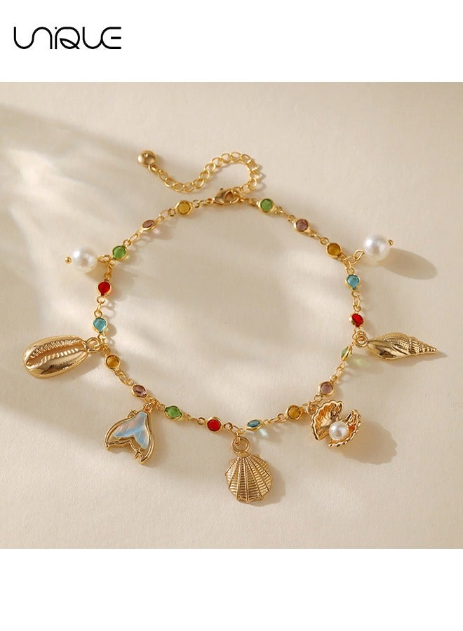 يونيك خلخال - خلخال صدفة من حجر الراين - خلخال على الطراز البحري - خلخال ذهبي - بسيط وأنيق - خلخال جديد - نسائي - Image 5