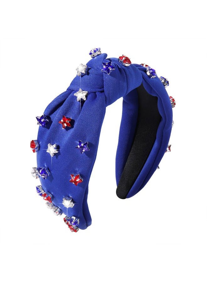 ARATLENCH 4 th of July Headband for Women American Flag Knottted Headband Red White Blue Crystal Star Charm Headpiece Fourth of July Patriotic Top Knot Wide Hairband Independence Day Party Favor Decor (blue kno - Image 1