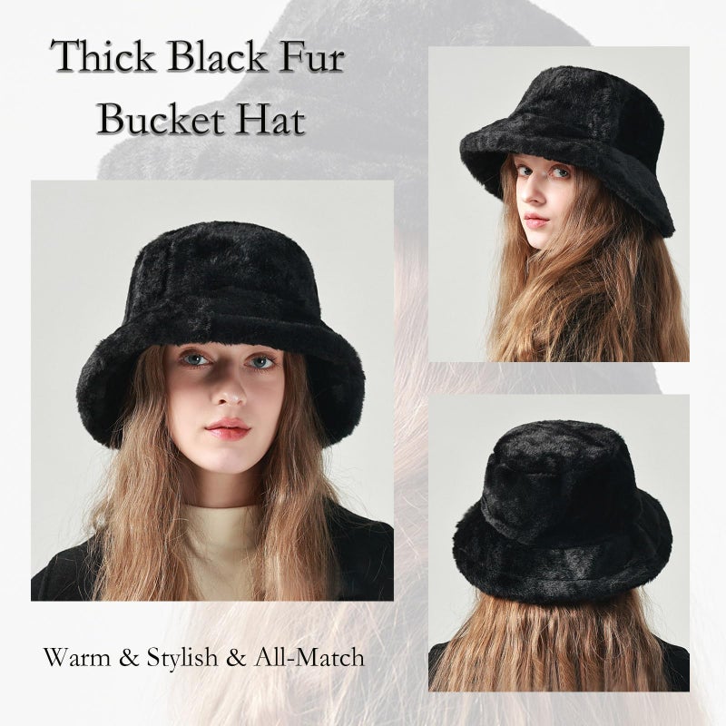 BEARUN Winter Faux Fur Furry Bucket Hat Fluffy Fuzzy Warm Hat Plush Fisherman Hat for Women Men Teens Girls Black - Image 2
