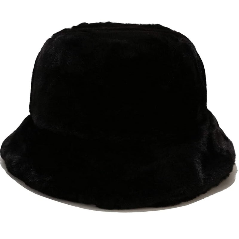 BEARUN Winter Faux Fur Furry Bucket Hat Fluffy Fuzzy Warm Hat Plush Fisherman Hat for Women Men Teens Girls Black - Image 1