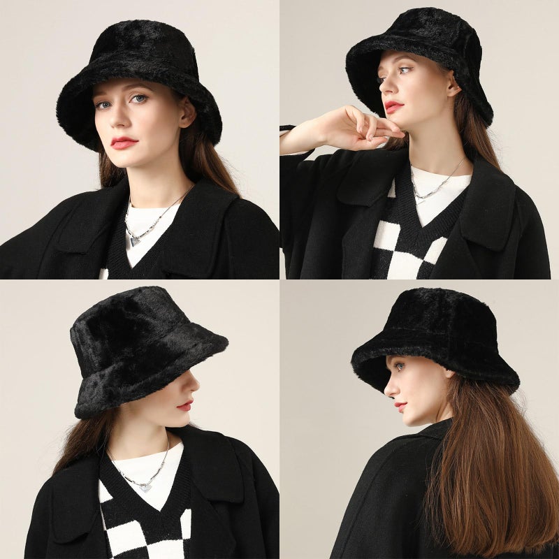 BEARUN Winter Faux Fur Furry Bucket Hat Fluffy Fuzzy Warm Hat Plush Fisherman Hat for Women Men Teens Girls Black - Image 4