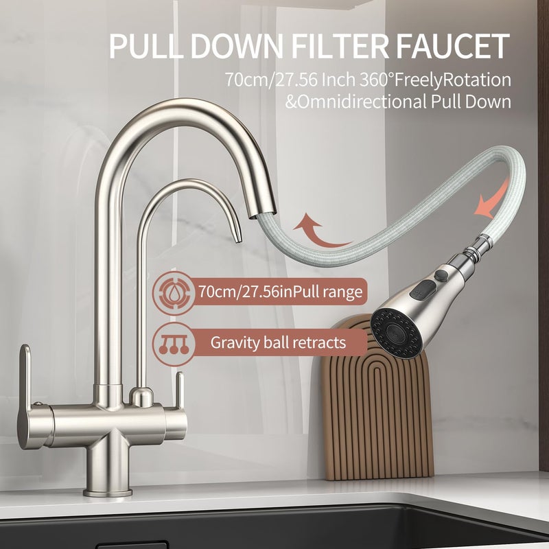 SoliForge Kitchen Sink Faucet with Pull - Down Sprayer, 2 - Handle 3 - in - 1 Kitchen Sink Filter Faucet, Cold and Hot Mixer Drinking Water Faucet (3-in-1 Filter Faucet, Brushed Nickel-1) - Image 2