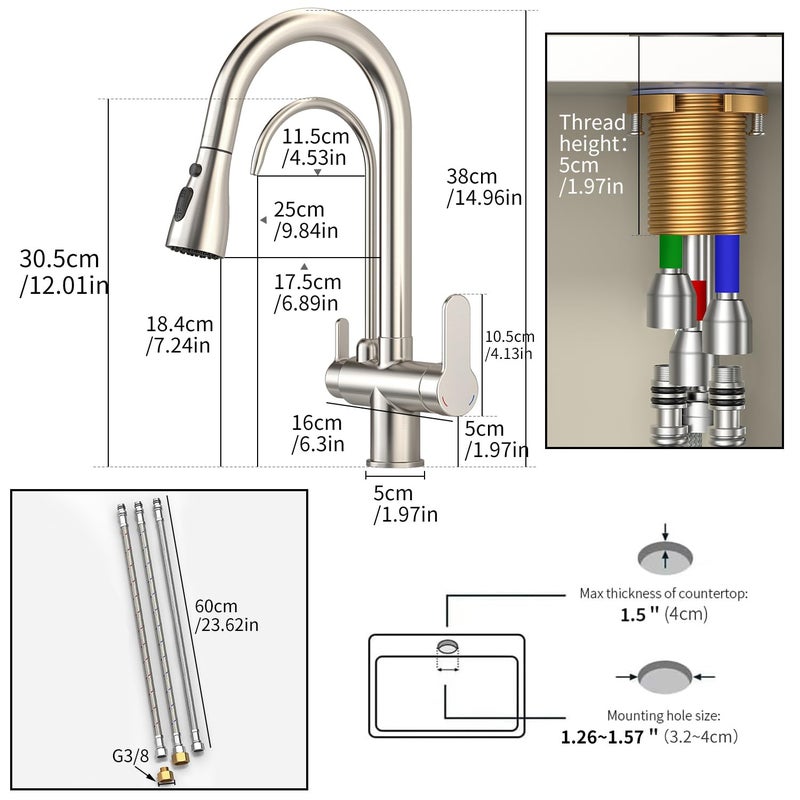 SoliForge Kitchen Sink Faucet with Pull - Down Sprayer, 2 - Handle 3 - in - 1 Kitchen Sink Filter Faucet, Cold and Hot Mixer Drinking Water Faucet (3-in-1 Filter Faucet, Brushed Nickel-1) - Image 5