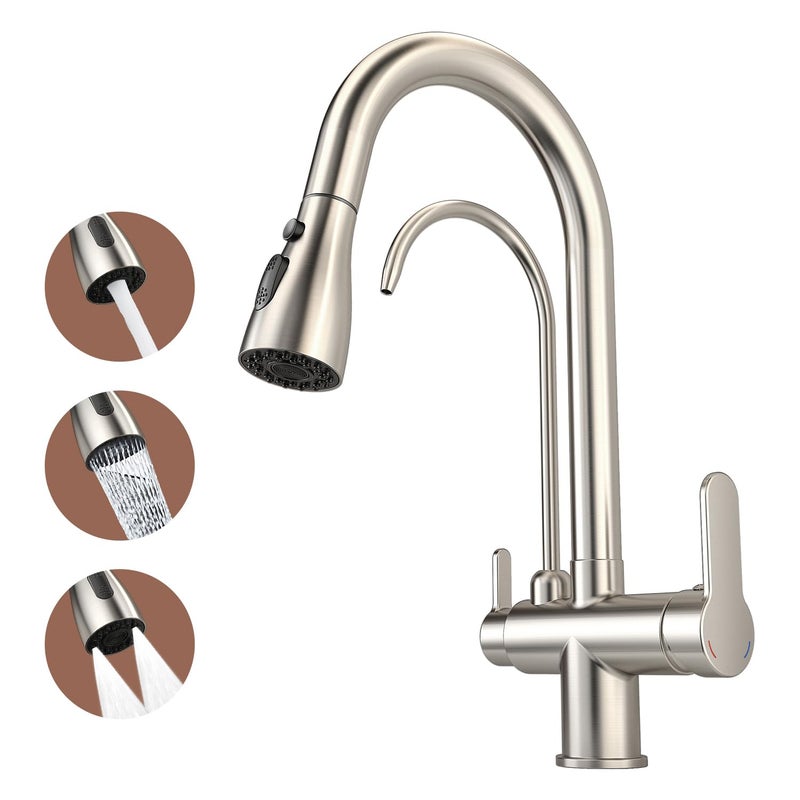 SoliForge Kitchen Sink Faucet with Pull - Down Sprayer, 2 - Handle 3 - in - 1 Kitchen Sink Filter Faucet, Cold and Hot Mixer Drinking Water Faucet (3-in-1 Filter Faucet, Brushed Nickel-1) - Image 1
