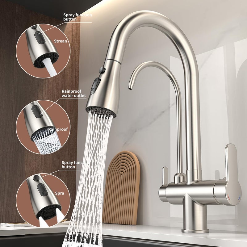 SoliForge Kitchen Sink Faucet with Pull - Down Sprayer, 2 - Handle 3 - in - 1 Kitchen Sink Filter Faucet, Cold and Hot Mixer Drinking Water Faucet (3-in-1 Filter Faucet, Brushed Nickel-1) - Image 3