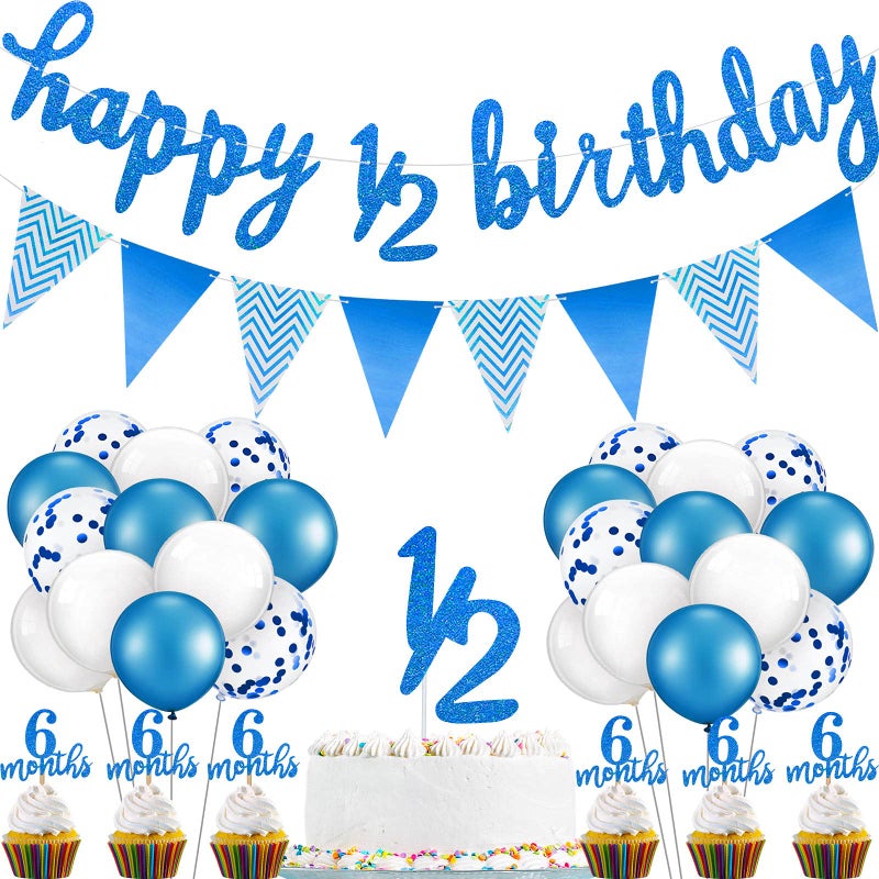 Skylety 1/2 Half Birthday Decorations 6 Months Outfit Baby Banner Cupcake Topper Triangle Flag Banner Confetti Balloons Cake Topper for Girl Boy Half Year Birthday Party Photoshoot Props(Dark Blue) - Image 1