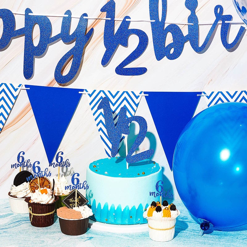 Skylety 1/2 Half Birthday Decorations 6 Months Outfit Baby Banner Cupcake Topper Triangle Flag Banner Confetti Balloons Cake Topper for Girl Boy Half Year Birthday Party Photoshoot Props(Dark Blue) - Image 4
