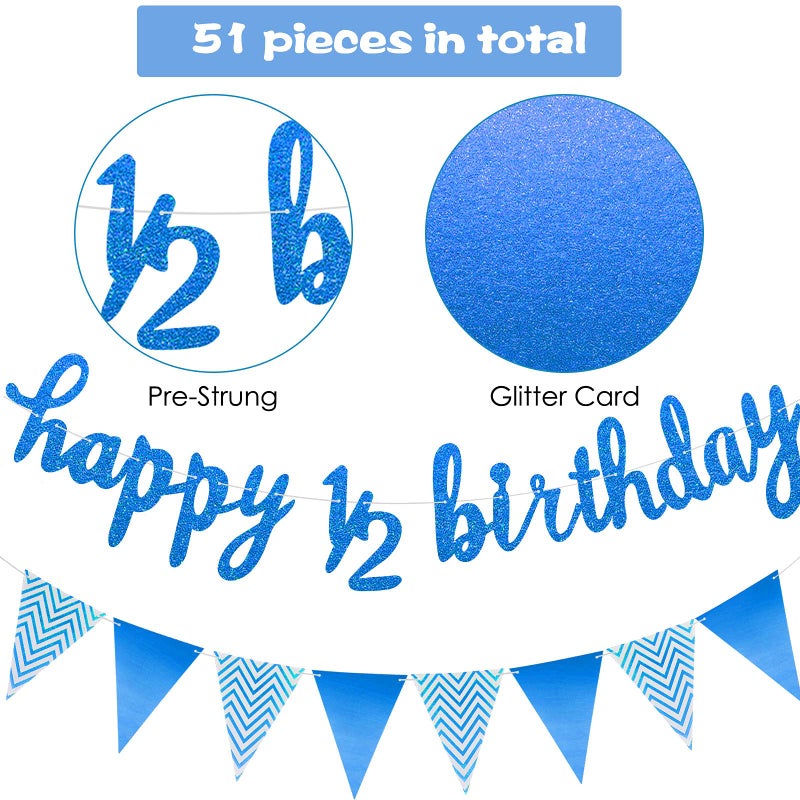 Skylety 1/2 Half Birthday Decorations 6 Months Outfit Baby Banner Cupcake Topper Triangle Flag Banner Confetti Balloons Cake Topper for Girl Boy Half Year Birthday Party Photoshoot Props(Dark Blue) - Image 3