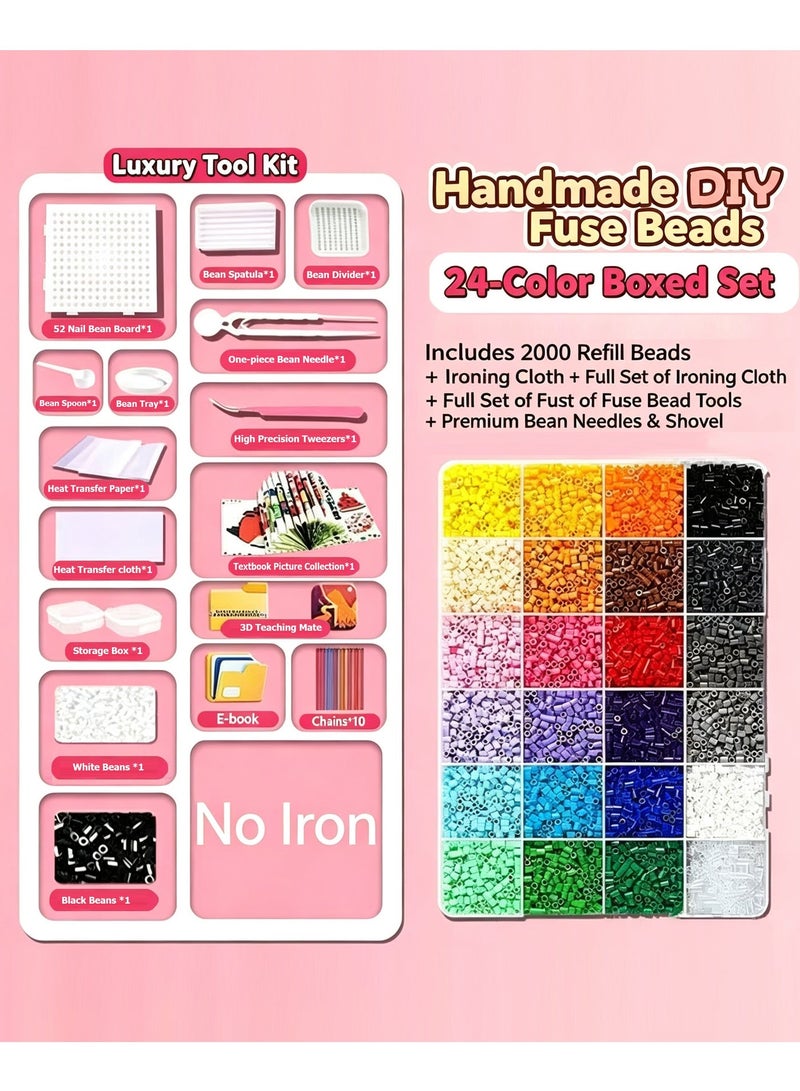 DIY Perler Beads Fuse Beads Kit 24 Colors Boxes 2000 Pieces Craft Set with Pegboard, Tweezers & Accessories | Handmade Pixel Art Puzzle Beads for Kids & Adults | Keychain & DIY Craft Making Kit - Image 1